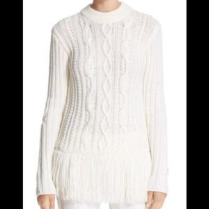 Tory Burch Ivory Valero Fringe Hem Cable Knit Merino Blend Sweater - S/P